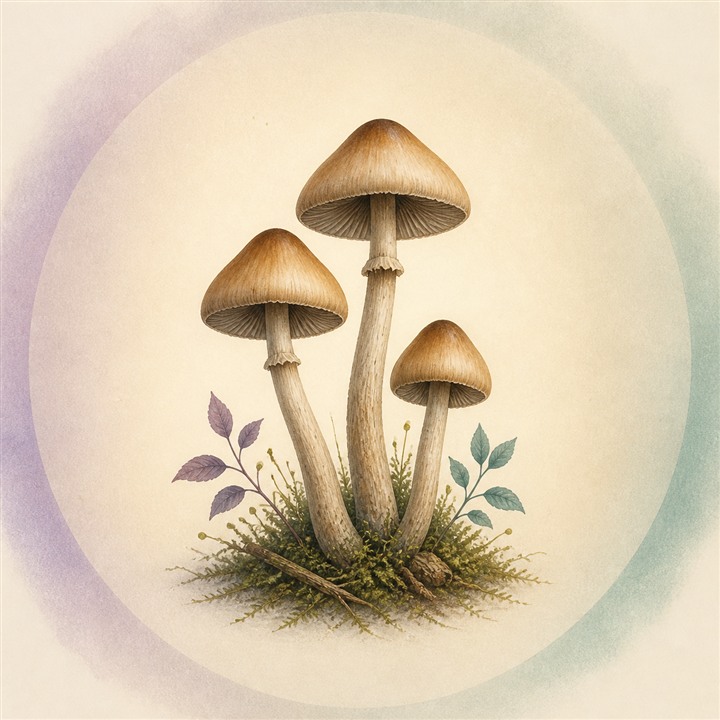 Botanical illustration of three psilocybin mushrooms